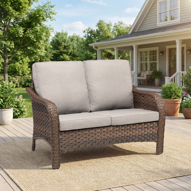 Causeuse d'extérieur 49,6 po en osier de rotin avec coussins beiges profonds pour terrasse, Beige