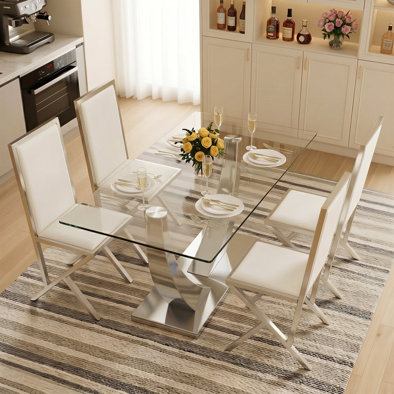 Ensemble de salle à manger 5 pièces Rita, 5 Pieces: Table, 4 Chairs, Silver, White/Silver