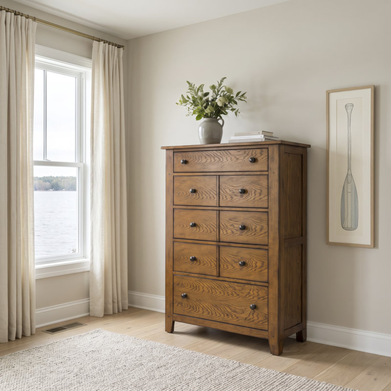Oconee Queen Sleigh Bed, Dresser & Mirror, Chest, Nightstand Bedroom Set, Light Brown, Queen