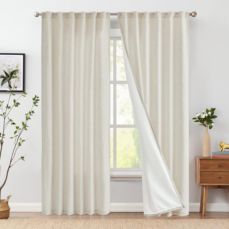 Linen Blend Solid Color Rod Pocket Curtains, Beige, 50" W x 84" L