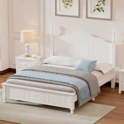 Full Size Platform Bed Frame In Retro Design, White Wooden, Solid & Robust, Slat Support, No Box Spring, Easy Assembly Value Style Wood Bed, White, Dependable, Effortless Contentment