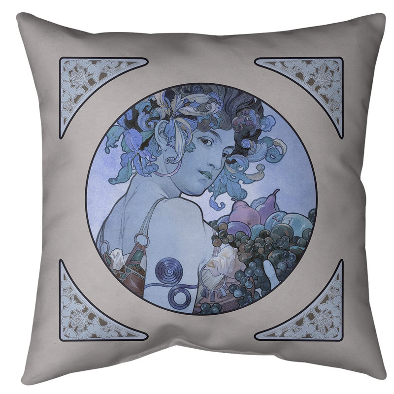 Coussin de sol à panneaux de fruit Alphonse Mucha-standard, Bleu, 26 po x 26 po