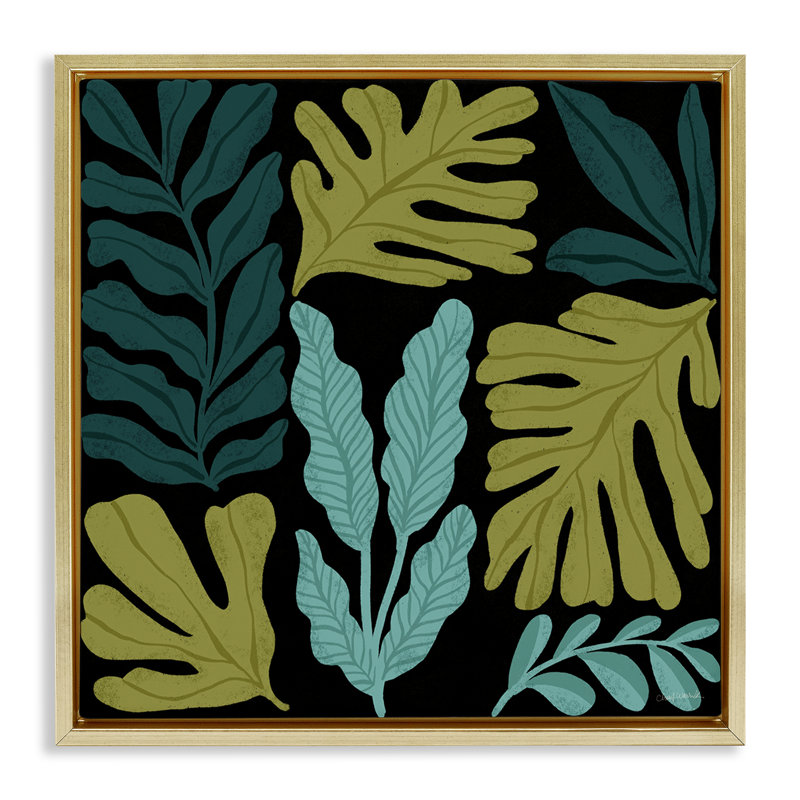 "Leaf Sprigs", art mural encadré sur toile flottante par Cheryl Warrick, H 18 po x l 18 po, Cadre flottant métallique doré