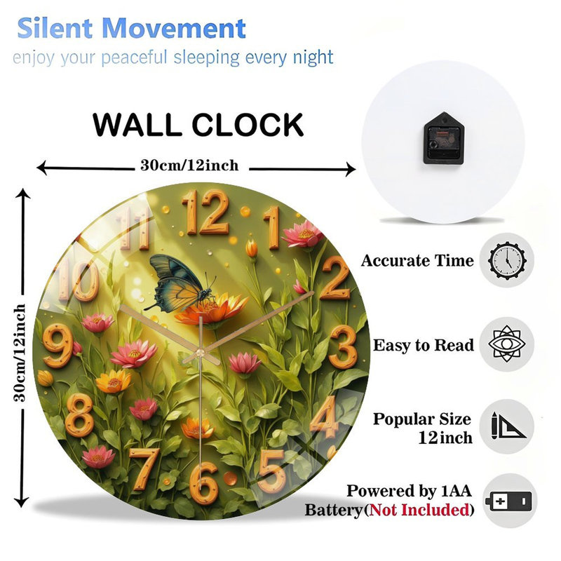 Horloge murale à motif floral, horloge murale 12 po