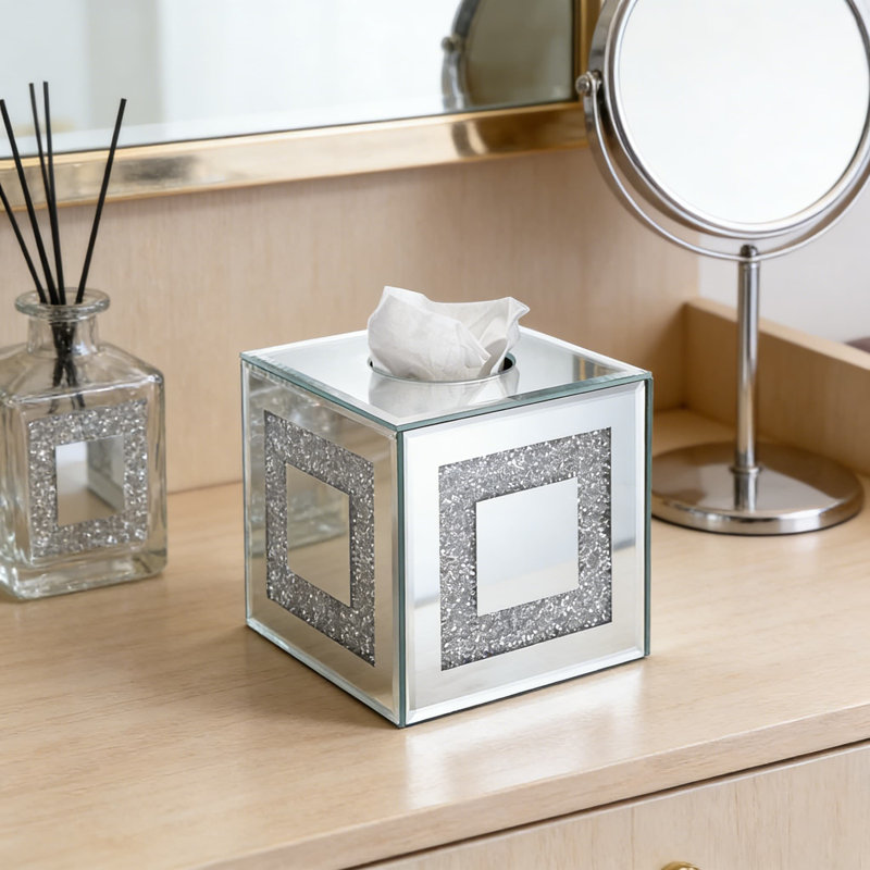Couvercle de boîte à mouchoirs en verre miroitant avec motif de diamant écrasé en cristal - Porte-mouchoirs carré scintillant pour salle de bain, chambre à coucher, salon, cuisine, bureau et décor de bureau