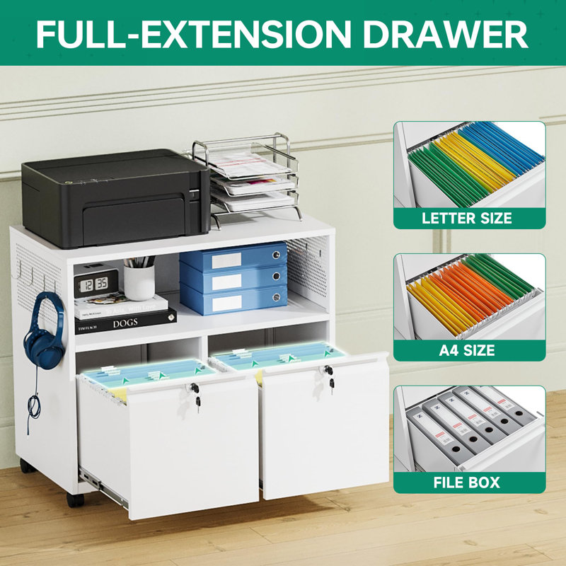 Mobile 2 Drawer File Cabinet with Lock, White