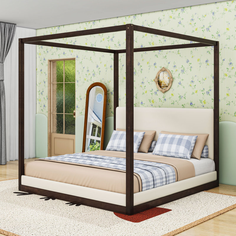 Lit plateforme à baldaquin en bois luxueux avec tête de lit tapissier et lattes, King, Espresso/White