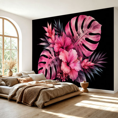 Papier peint adhésif auto-adhésif moderne pour la chambre à coucher avec feuilles de fleurs tropicales L 69 po x l 96 po Peel and Stick