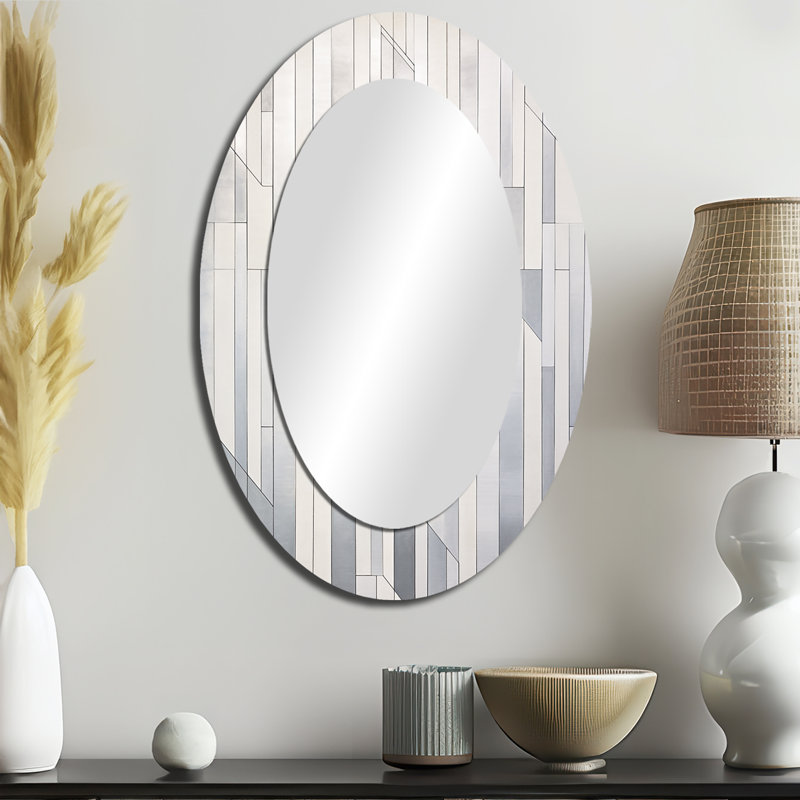 Grey White Platinum Parallels - Abstract Oval Decorative Mirror On Metal, 36" x 24"