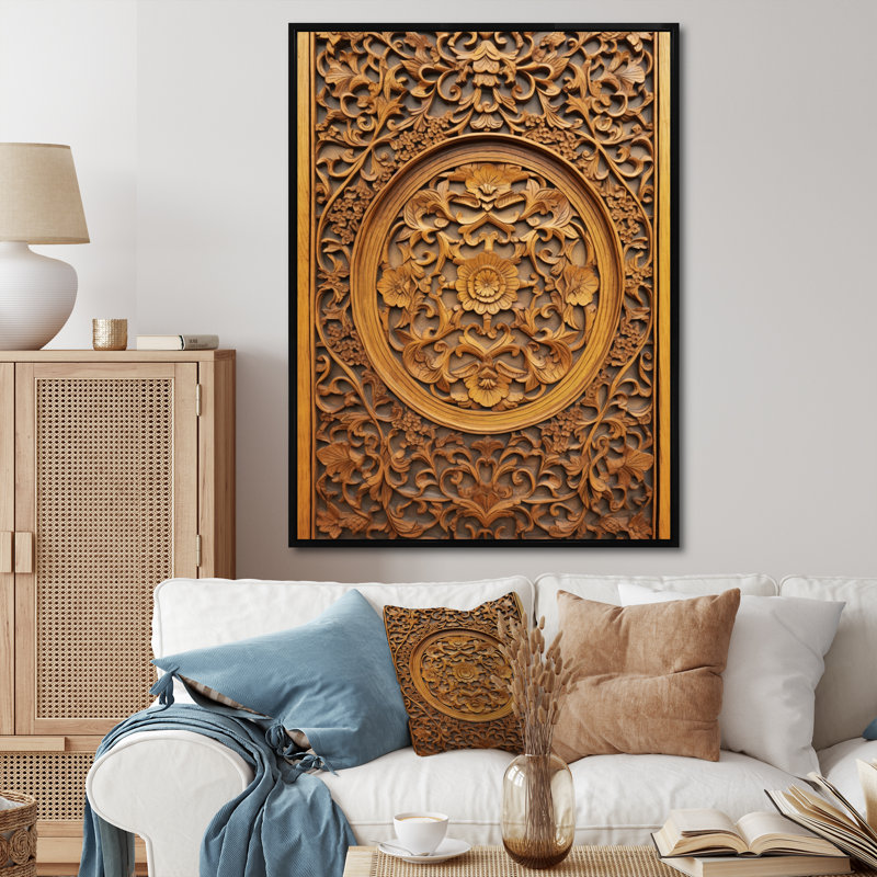 Vieille porte en bois sculpté VII, H 32 po x l 16 po x P 1 po, Cadre flottant noir