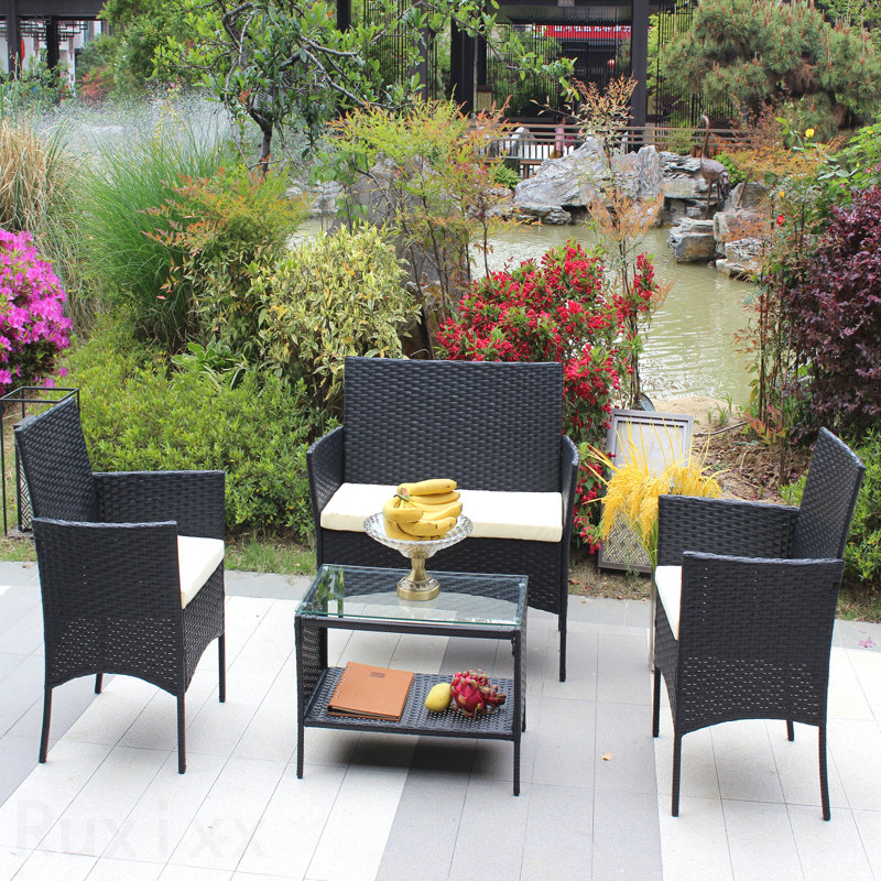 Patio Furniture Set Wicker Beige 4 Pc Rattan Outdoor Patio Cushioned Seat Sofa With Cushion, Beige 