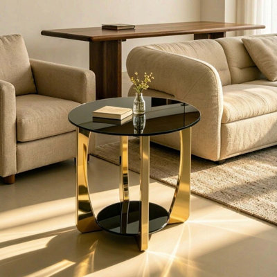 Table de chevet 22 po en verre trempé noir double couche, structure en acier inoxydable doré, table d'appoint moderne, assemblage facile