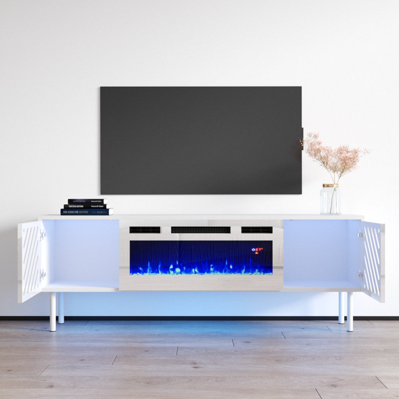 Metherell 63" Modern TV Stand with Electric Fireplace, High Gloss Finish, Media Storage, White
