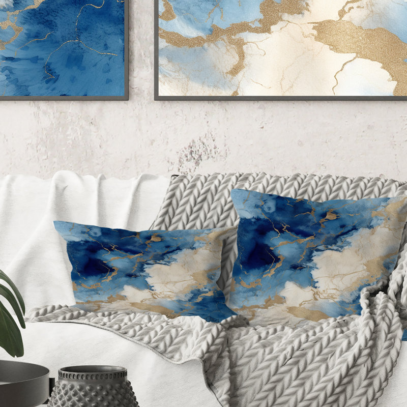 Blue And Gold Marble Clouds X - Fractals Printed Throw Pillow