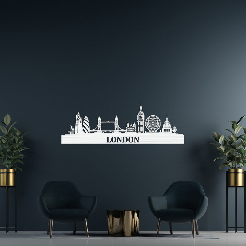 Décoration murale en bois London City Skyline, H 14 po x l 46 po x P 0,25 po, Naturel
