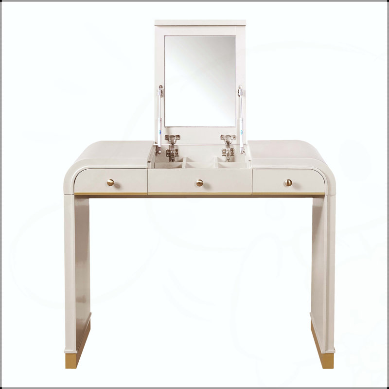 Bureau de coiffeuse 3 en 1 avec miroir rabattable et 2 tiroirs, Champagne