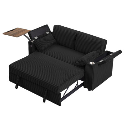 65" 3-in-1 Convertible Sleeper Sofa Bed with Pull-Out Bed, 360° Swivel Side Table, USB Charging, Cup Holder and Storage Armrests