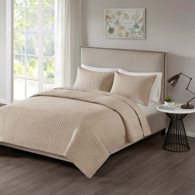 Couette réversible 3 pièces kaki pour lit double/queen - Motif à carreaux carrés, rembourrage en tissu lavable à la machine, hypoallergénique, composition textile
