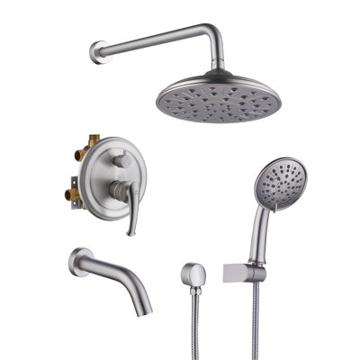 Retro Wall Mount 3 Funtions Rainfall Shower System with 3 Setting Handheld, Bath Spout, Rough-In Valve and Diverter
