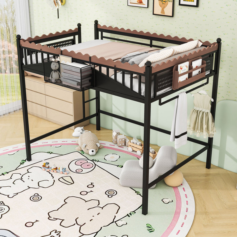 Metal Loft Bed with Bookshelf and Guardrails, Full