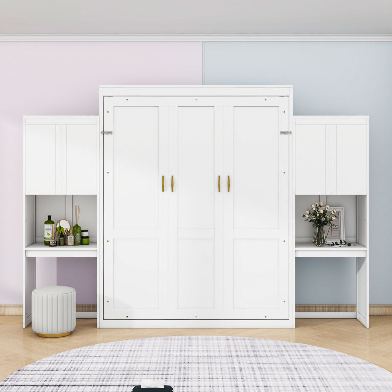 Grand lit escamotable avec bureau intégré, coiffeuse et armoires de rangement, Blanc