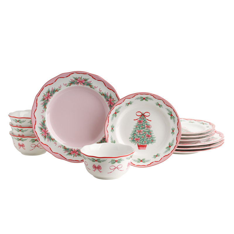 Ensemble de vaisselle en porcelaine 12 pièces 222 Fifth 222 pour 4 charmantes assiettes et bols roses et blancs avec arbre de Noël vert festif, magnifique ensemble de vaisselle pour les Fêtes et cadeaux, plats en céramique