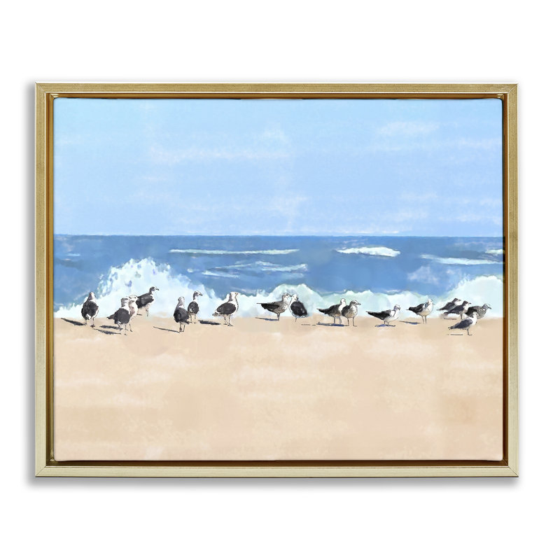 «Sunny Beach Day Birds Floater», art mural par Jeff Pica, H 25 po x l 31 po, Cadre flottant métallique doré