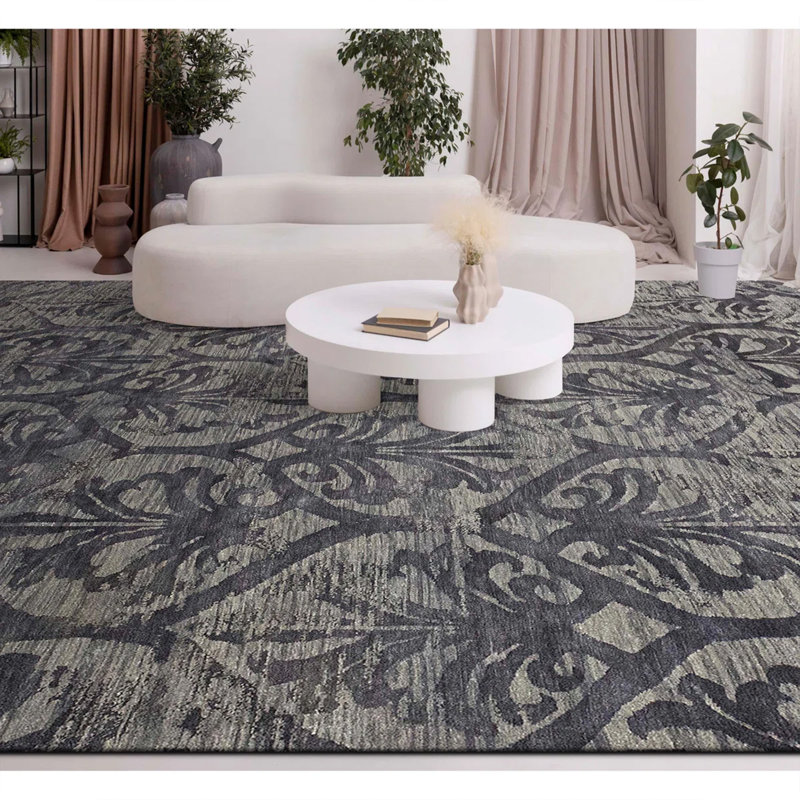 Hand Knotted Damask Area Rug in Gray, Rectangle 9' x 12'