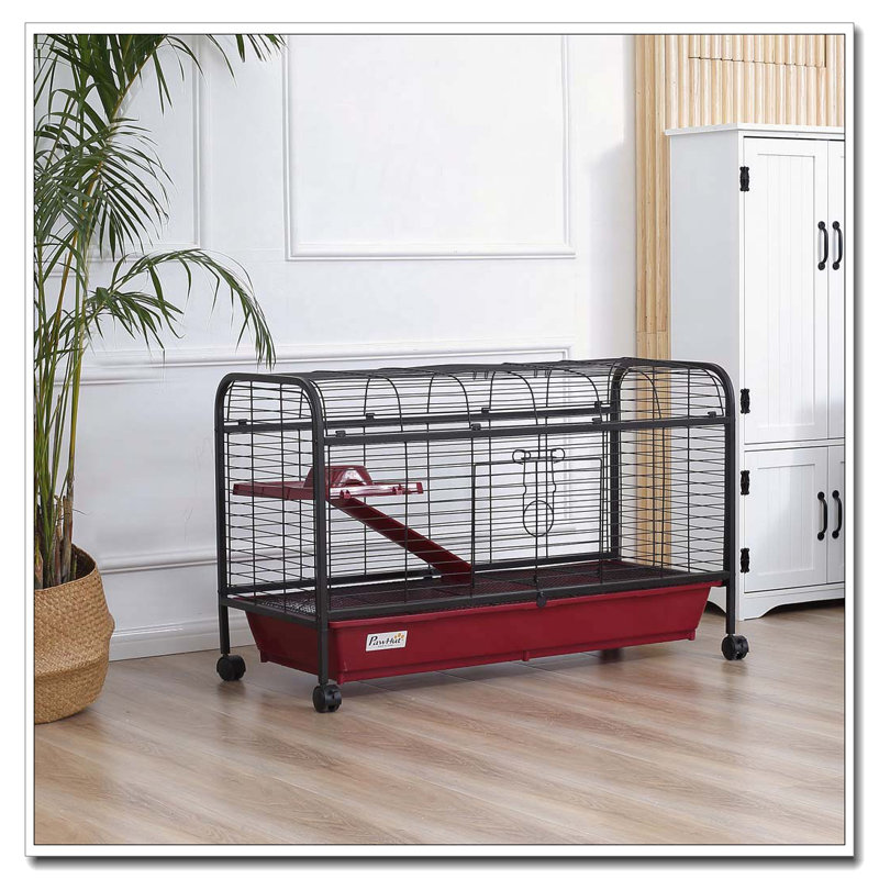 Cage pour petits animaux avec plateforme à roulettes et rampe