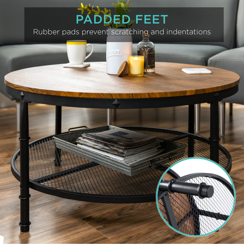 Brown Round Wood and Metal 2-Tier Coffee Table