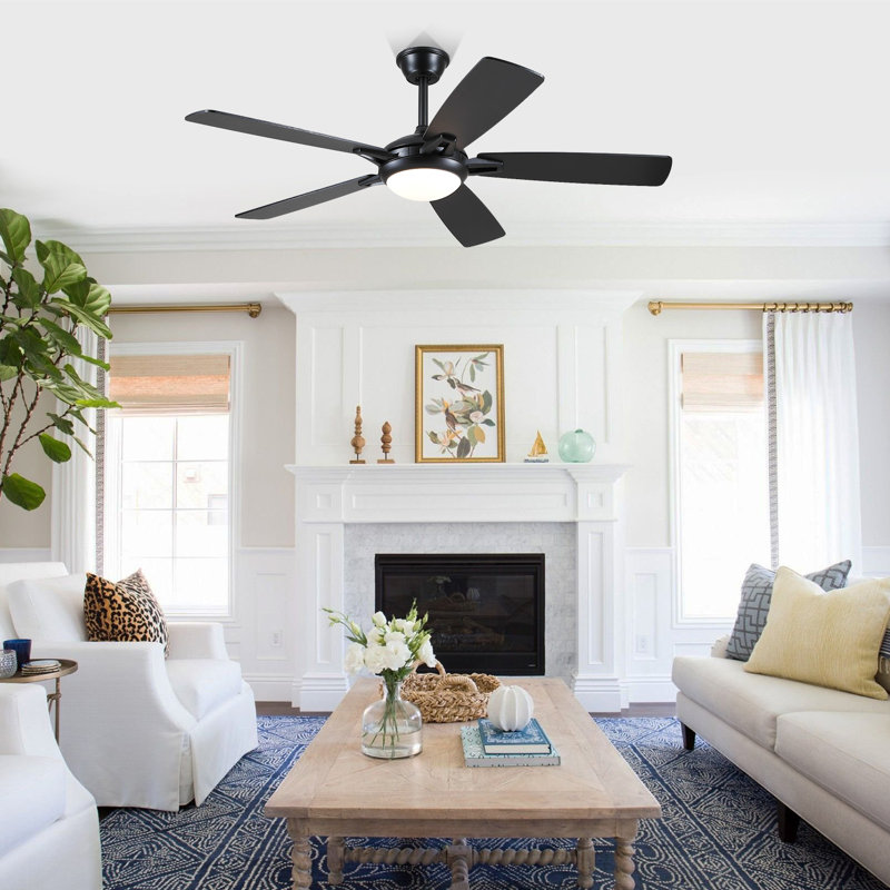 Ventilateur de plafond moderne à 5 pales de 52 po avec lumières et télécommande, Noir, noir, noir, noir