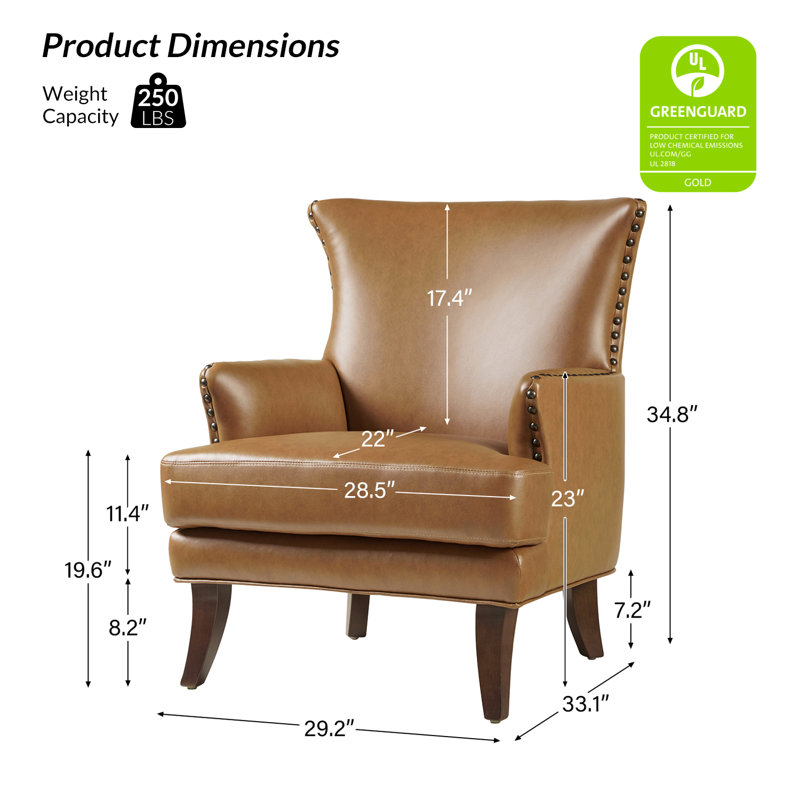 Fauteuil à oreilles en cuir 29,2 po Aviles, Similicuir brun clair