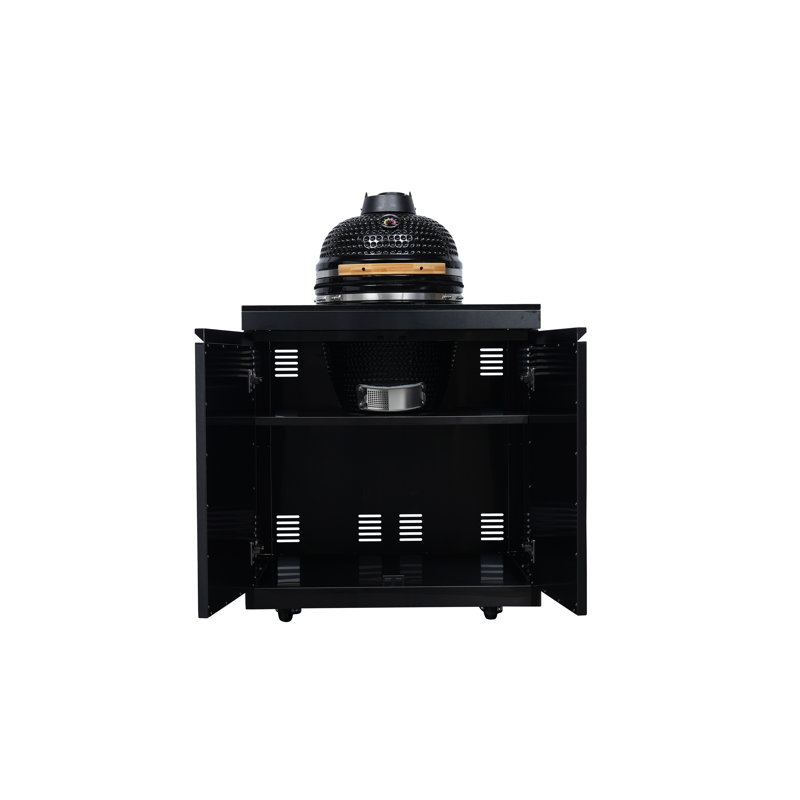 Îlot de cuisine avec barbecue au gaz propane à 6 brûleurs, rôtissoire, gril Kamado, réfrigérateur et évier extérieur (115 po de largeur).