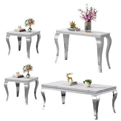 Ensemble de 4 tables basses en faux marbre, ensemble de tables de salon modernes comprenant 1 table basse, 1 console et 2 tables de bout pour le salon, plateau en faux marbre blanc avec structure en acier inoxydable