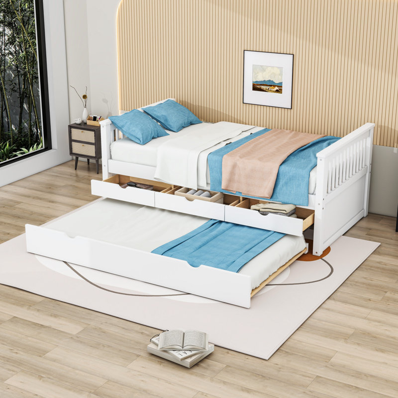 Wood Daybed with Drawers and Trundle, White