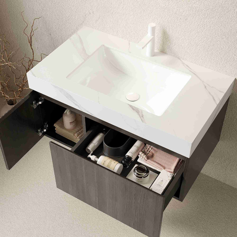 Meuble-lavabo moderne flottant, Espresso, Blanc de Carrare, 36"