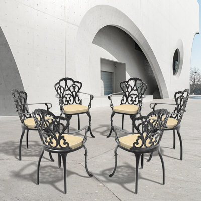 Chaise de patio en fonte d'aluminium 6 pièces avec structure noire et coussins beiges