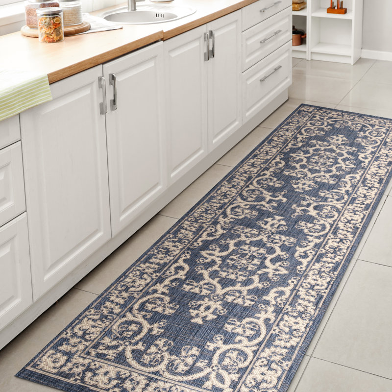 Galon Filigree Blue/Beige Indoor/Outdoor Rug, Runner 2'2" x 10'