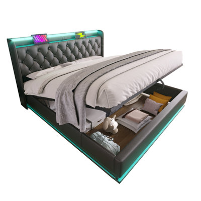 Full Size Bed With 360 Degree Led, Hydraulic Storage, Type-C Charge, Black Pu Upholstered Featuring Surround Socket