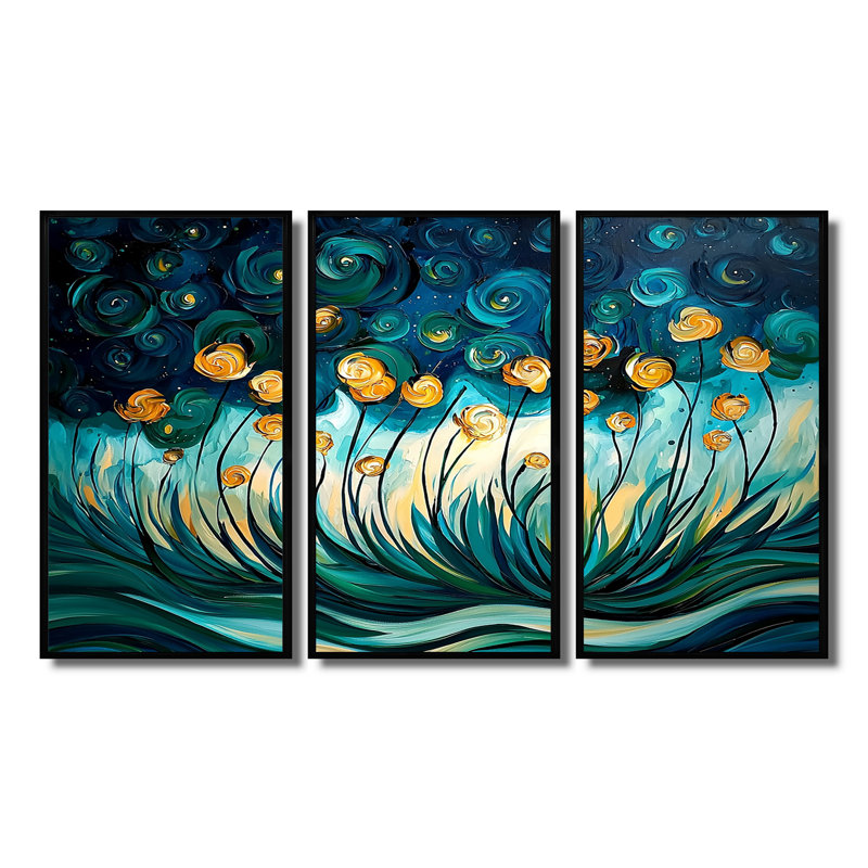 Green And Yellow Herbs Chive Symphony III - Floral Herbs Wall Art Set, 28" H x 36" W x 1" D, Black Floater Framed Canvas