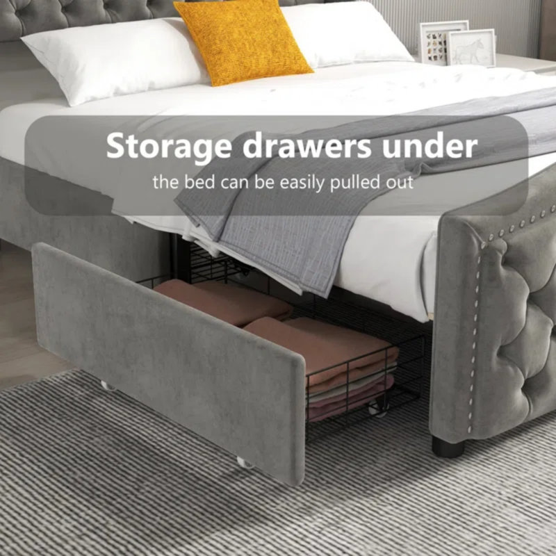 Kassaia Tufted Upholstered Storage Bed with Drawers, Light Gray, Queen