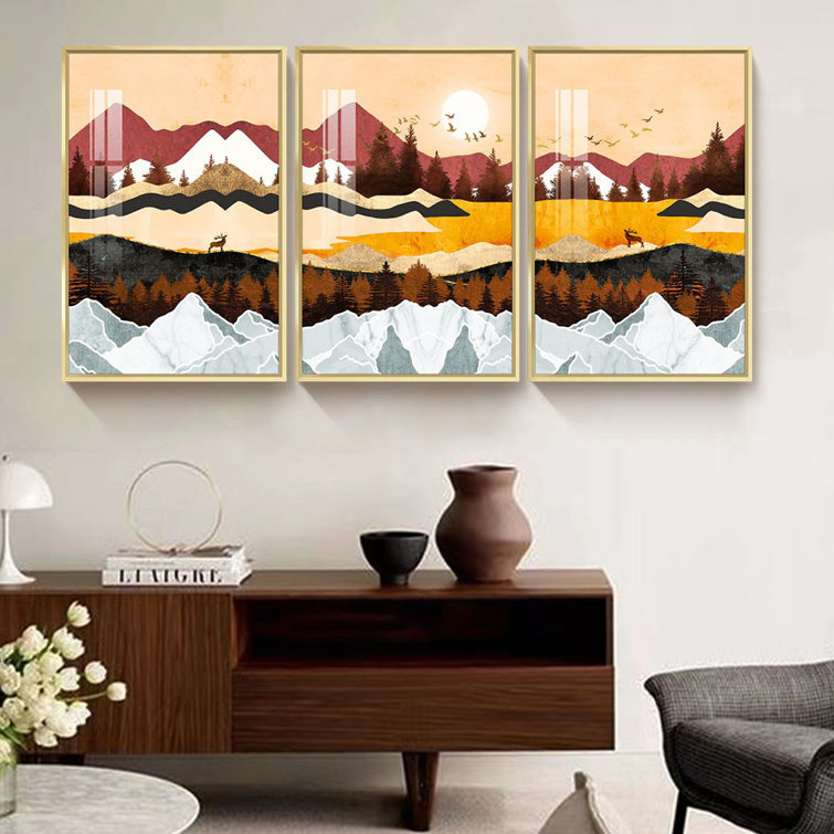 Millwood Pines Modern Abstract Nature Scenery Painting On Canvas Sunset  Autumn Artwork Deer And Flying Bird Framed On Canvas Pieces Print  Wayfair