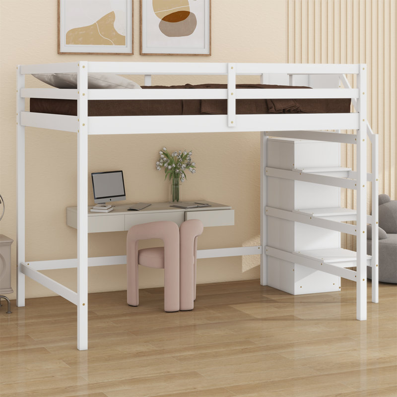Loft Bed With Built-In Storage Wardrobe And Staircase, White