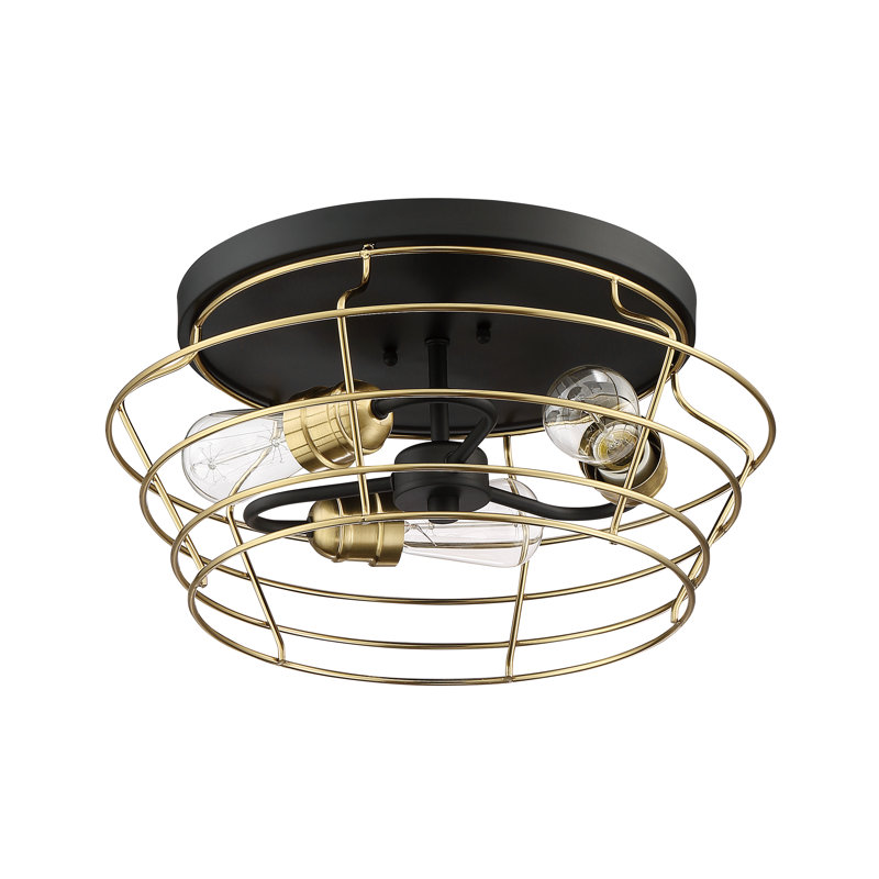 Plafonnier encastré 16,5" à cage en cloche 3 lumières Clair, Noir mat / laiton satiné