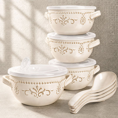 French Onion Soup Bowls, Set of 4,Distinct Reactive Glaze, Embossed Ceramic with Lids & Spoons, Oven Safe, Convenient Covered Storage for Stew, Chili & Cereal, Wedding Registry & Holiday Gift (Damask Patterns)