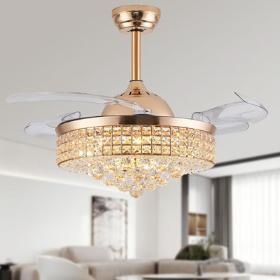 Dimmable Crystal Chandelier Ceiling Fan With Remote Control And APP Control, Reversible Silent Motor, Adjustable Brightness And Color Temperature, For Bedroom Living Room