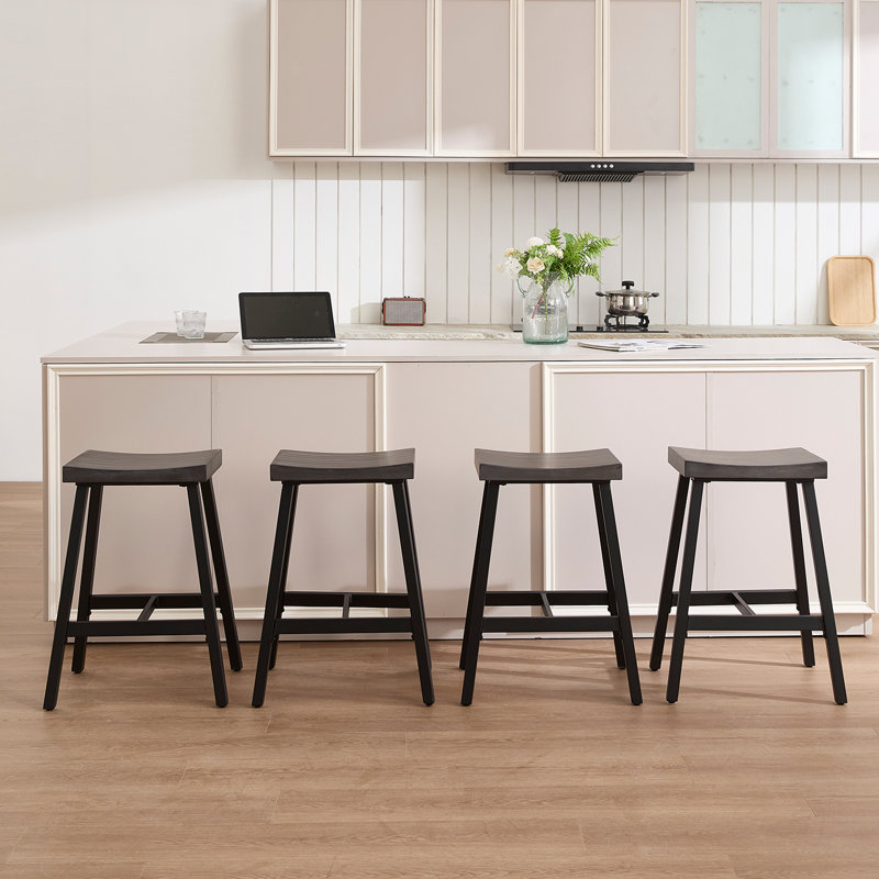 Solid Wood Bar Stool Without Backrest, Saddle Stool With Footrest Seat Height 26'', Ash Gray, 4