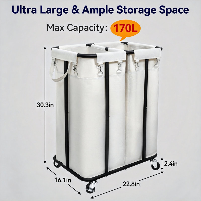 Laundry Hamper with Wheels 170L Rolling Laundry Basket Organizer Laundry Cart with Steel Frame, (Beige), Beige