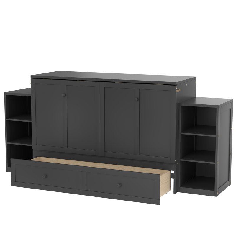Grand lit escamotable avec tiroirs et tablettes de rangement spacieux, idéal pour les chambres d'amis ou les chambres compactes, gris foncé rétro