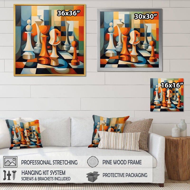Chaos structuré orange et bleu sur toile, H 16 po x l 16 po x P 1 po, Cadre flottant noir